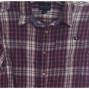 Lucky Brand Women's Burgundy Blue White Plaid Button-Up Long Sleeve Shirt Medium